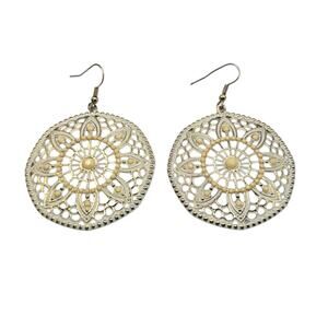 Earrings Boho Dangle Silver Tone Gold Mandala Filigree Round Drop SKU2412